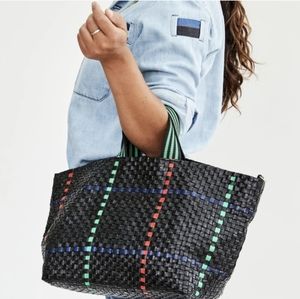Clare V. Leather Woven Bateau Tote Bag in Black Checker Crossbody
